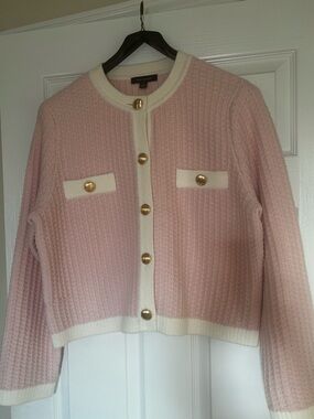 Ann Taylor Light Pink Textured Knit Cardigan with Cream Trim